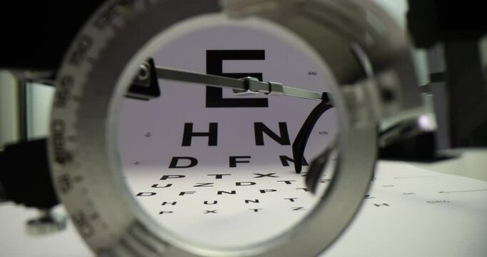 Glasses for checking eyesight neatly placed on table. Snellen chart with rows of letters prepared for vision assessment. Tools for testing visual acuity