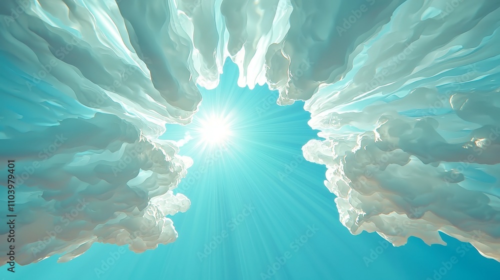 Poster vibrant sunburst animation, dynamic sunbeam effects with radiant rays in a calming blue backdrop, id