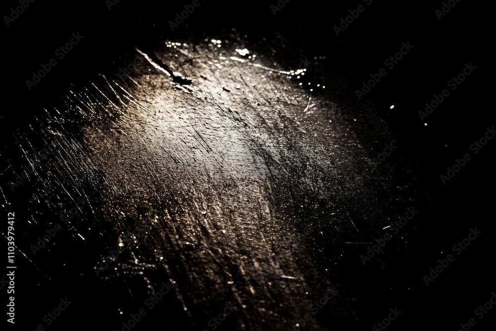 Poster close-up of a glossy, reflective surface with intricate textures and subtle highlights in a dark set