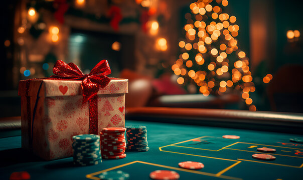 Gift-wrapped present sits next to poker chips on a casino table decorated for Christmas