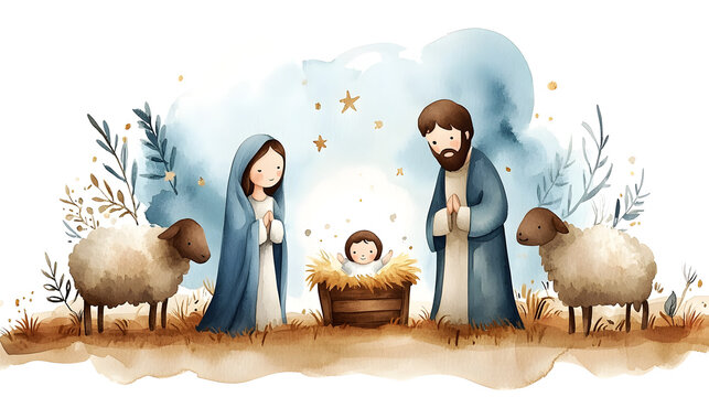 Acuarela ilustraci&oacute;n escena del nacimiento con Mar&iacute;a y Jos&eacute; y el beb&eacute; Jes&uacute;s ilustraci&oacute;n
