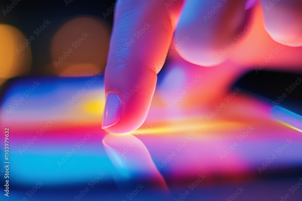 Poster close-up of a hand tapping on a colorful smartphone screen with vibrant light reflections creating a