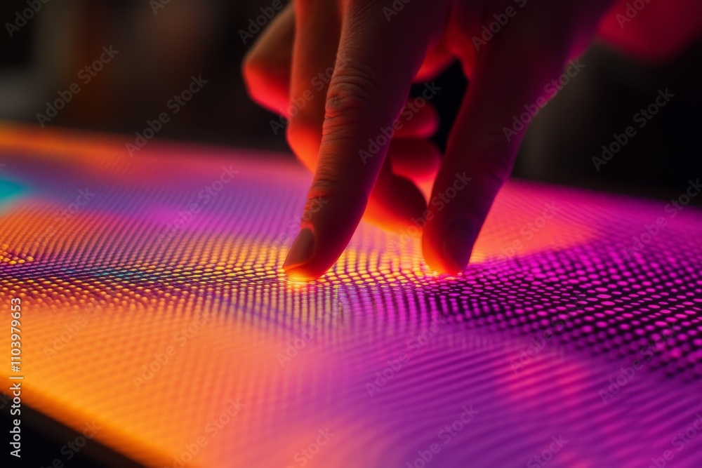 Poster close-up of a hand touching a colorful led screen with vibrant patterns and textures, showcasing int