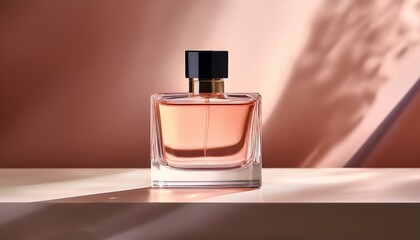 Elegant perfume bottle on a clean, minimalist surface. Soft light and shadows enhance the luxurious aesthetic.