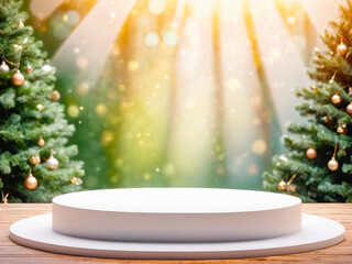 White Round Podium with Blurred Christmas Trees Background.