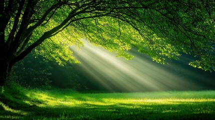 Fototapeta premium Sunlit Forest Serenity, gentle rays filtering through lush green leaves, creating a peaceful ambiance, celebrating the beauty of nature and tranquility in the woods