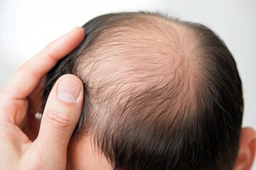 Fototapeta premium Close-up of a Man’s Hand Gently Touching His Balding Scalp to Highlight Thinning Hair and Hair Loss in a Subtle Indoor Setting with Soft Focus