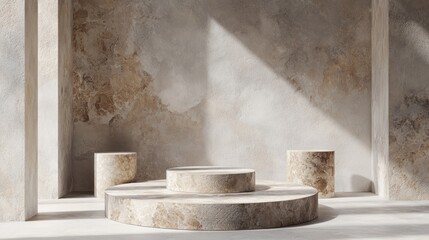 A minimalist interior with circular stone platforms and textured walls, emphasizing simplicity.