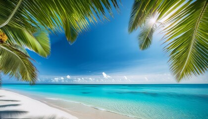 Tropical beach paradise:  White sand, turquoise water, and swaying palm trees.