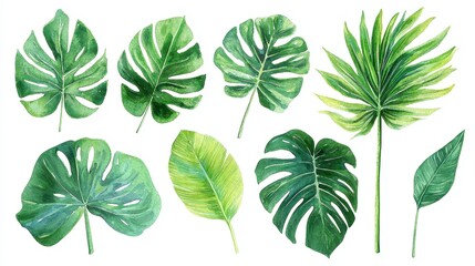 Obraz premium Tropical Palm Leaves Watercolor Clipart, vibrant hand-painted palm leaves against a crisp white backdrop, perfect for summer-themed designs and creative projects.