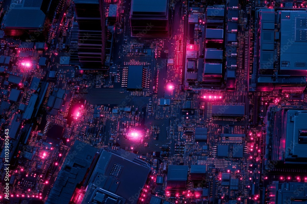 Poster abstract cityscape glowing circuit board elements with intricate patterns in dark blue and red