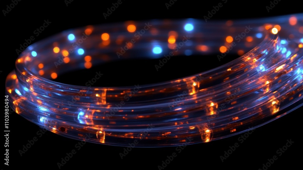 Poster illuminated transparent data cable with active data transfer lights isolated on white background