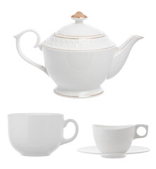 Two white tea cup and one teapot isolated on white background