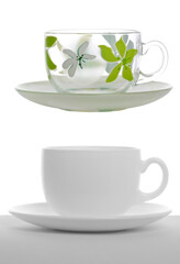 Empty tea cup with saucer isolated on white background