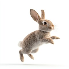 Obraz premium A cute rabbit is energetically leaping in mid-air against a white background, showcasing its fluffy fur and distinct ears.