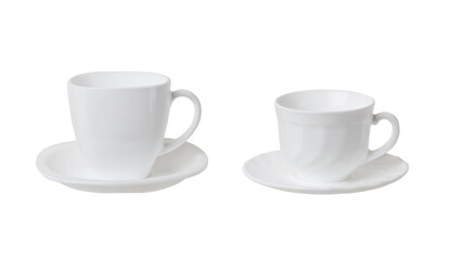 Collage two white Empty tea cups with saucer isolated on white background