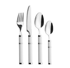 Cutlery set of one knife fork and two spoons isolated on white background