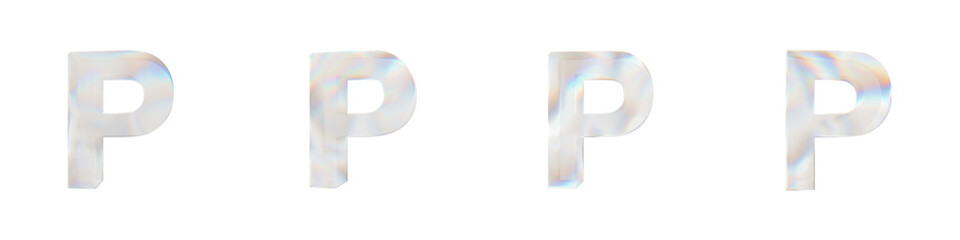 Set of 4 3d letter P with glass distortion effect isolated on a transparent background. 3d transparent elements for graphic design.