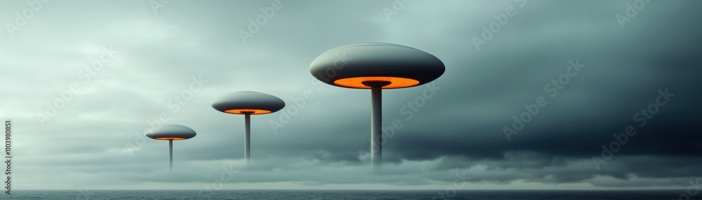 Poster three futuristic structures resembling flying saucers hover above a misty landscape under a moody sk