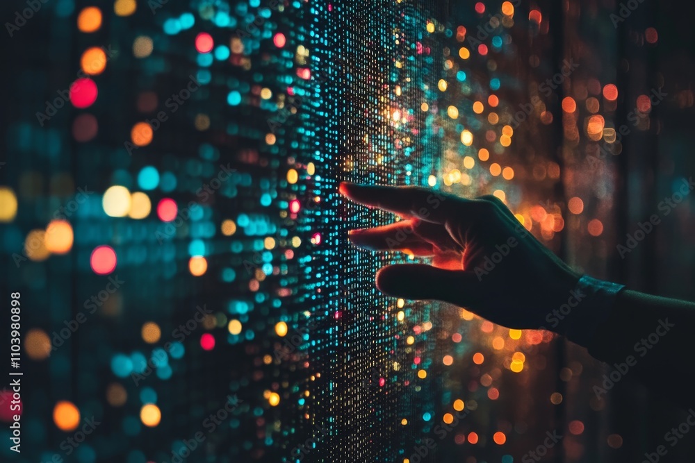 Poster close-up view of a human hand interacting with a colorful digital display of lights and data, repres