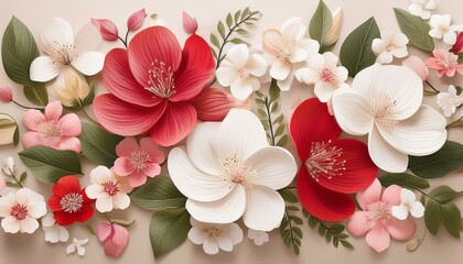 Red and white paper flowers in full bloom.