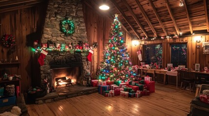 Cozy Rustic Christmas Party Scene with Stone Fireplace