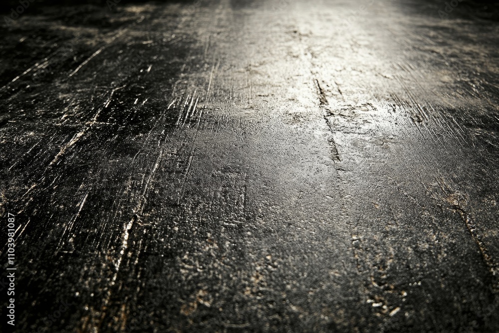 Poster close-up view of a textured black wooden surface with subtle light reflection and distressed finish,