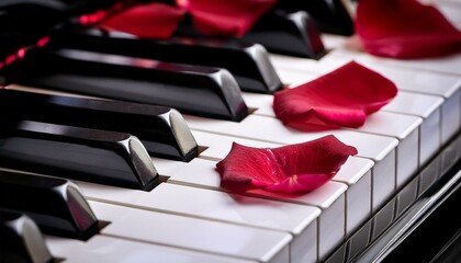 Romantic piano keys with rose petals.