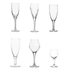 Collage of different empty wine glasses isolated on white background