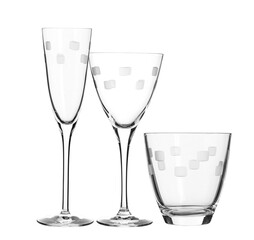 Collage of different glass transparent glasses isolated on white background