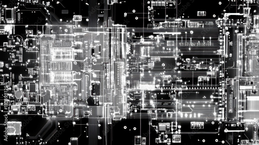 Aufkleber glowing high-tech circuit board with energy flow paths isolated on black background