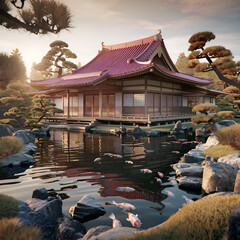 Obraz premium A Red-Roofed Japanese Home Amid Tranquil Waters and Bonsai Beauty