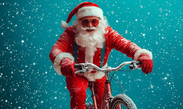 A cheerful Santa Claus cycles through a snowy landscape, spreading holiday joy