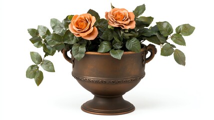 Obraz premium A decorative bronze vase holds delicate orange roses surrounded by lush green leaves, creating an elegant floral centerpiece.
