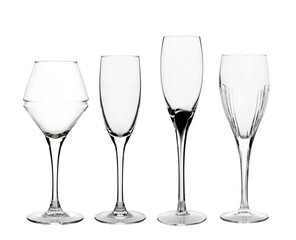 Collage four empty, transparent wine glasses isolated on white background