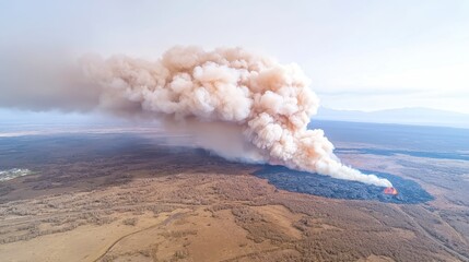 Fototapeta premium Volcanic Eruption Plume, a dramatic display of thick gray smoke rising from a fiery crater, contrasting against a backdrop of rugged terrain and a darkening sky.