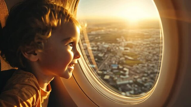child looking out plane window at sunset. travel experience concept