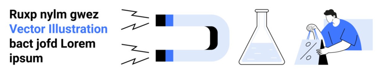 Magnet attracting metal particles, flask with liquid, researcher handling beaker. Ideal for scientific research, physics concepts, chemistry experiments, educational materials, laboratory guides