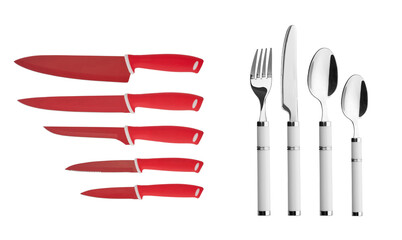 Collage of various cutlery knives spoons and forks isolated on white background