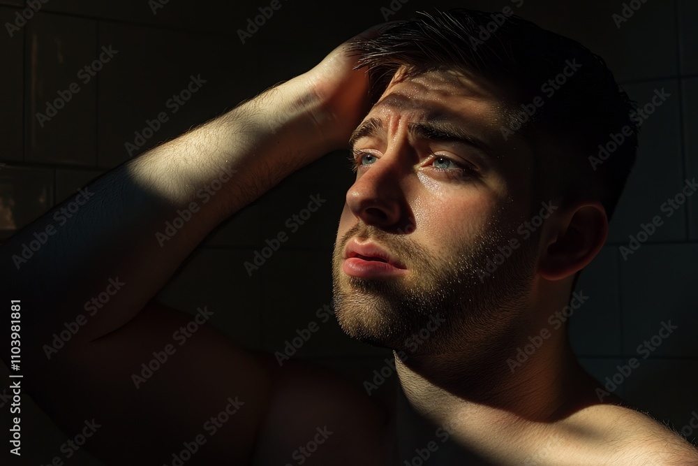 Poster contemplative young man in soft light with dramatic shadows, capturing emotion and introspection in 