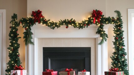 Fototapeta premium Cozy Fireplace Decorated with Holiday Garlands and Lights
