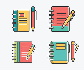 Notepad set with pen vector Of Stationary Illustration, Notebook icon set isolated on white background