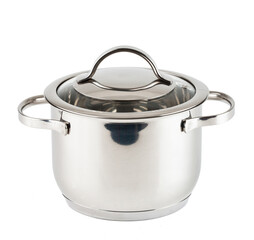 Large metal soup pot with lid isolated on white background