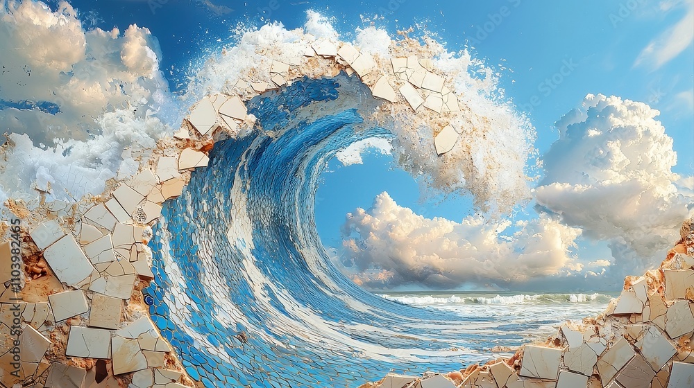 Poster azure wave mosaic, an intricate design showcasing flowing patterns of deep blue tiles, capturing the