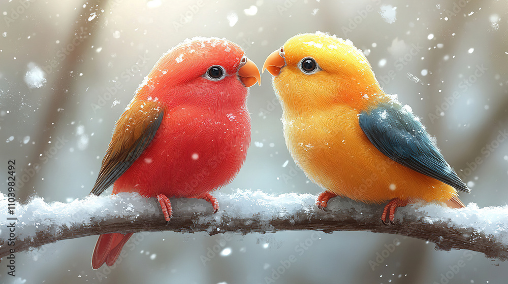 Poster two colorful birds share a moment in the winter snow while perched on a branch in a serene forest se