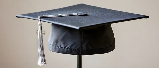 A black graduation cap with a white tassel, symbolizing academic achievement.