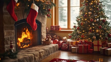 Cozy Festive Living Room with Christmas Tree and Fireplace