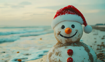 A cheerful dirty snowman with a Santa hat stands on the sandy beach as ocean waves gently roll in