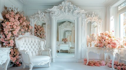 Elegant dressing room adorned with white vintage furniture, delicate pink flowers, showcasing the ornate charm of Baroque style, inviting a sense of luxury and grace.