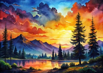 Obraz premium Watercolor Silhouette of a Serene Landscape with Mountains and Trees at Sunset, Emphasizing Nature's Beauty and Tranquility for Art Lovers and Decor Enthusiasts
